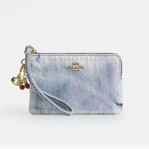 Coach Light Denim Wristlet with Gold Charm Accents
